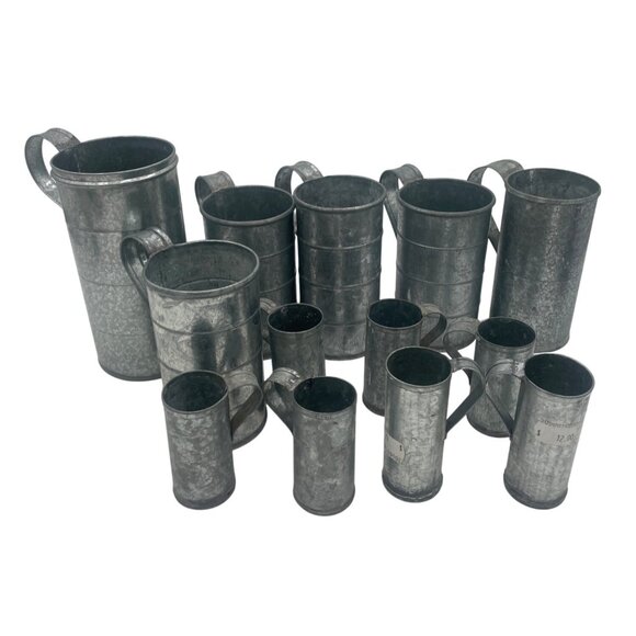 Vintage Galvanized Metal Pitchers Mugs Set  Rustic Farmhouse Decor  Collectible - Picture 1 of 9